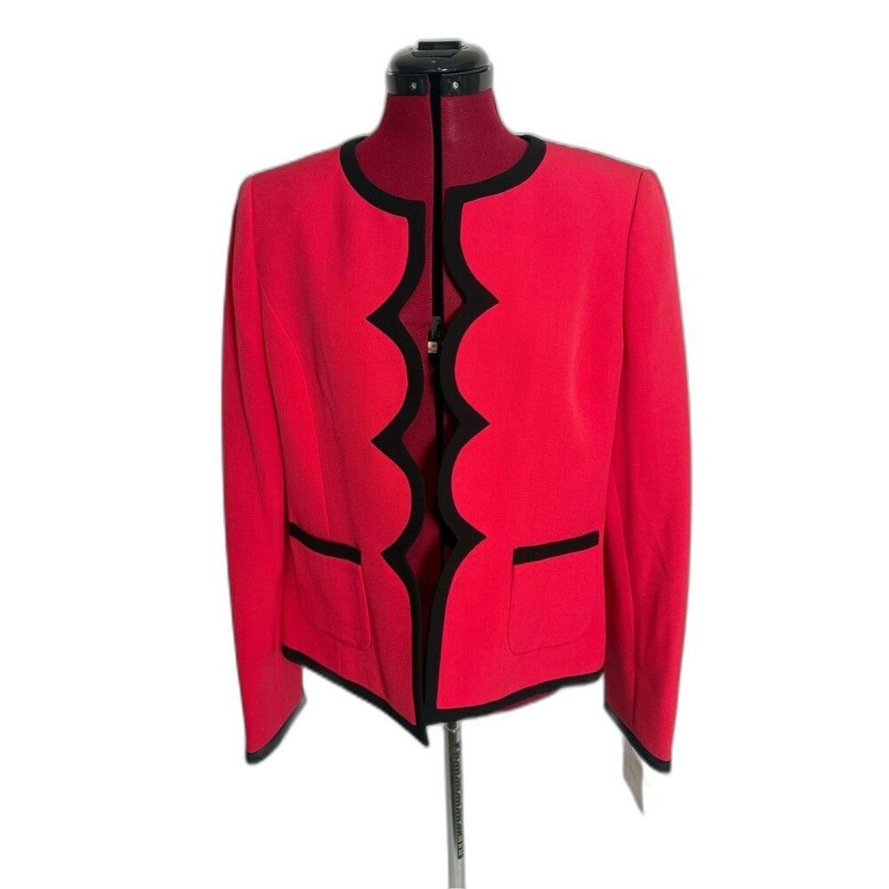 NWT Kasper Blazer Women's Size 10 Pink & Black Scalloped Trim Open Front